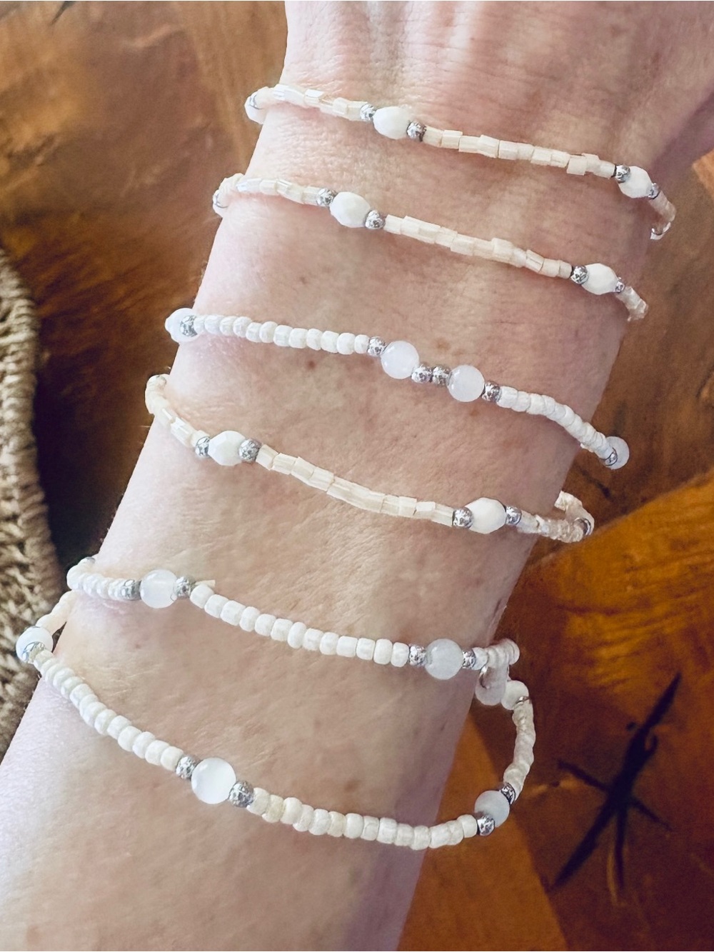 7 BRACELETS: 6 Beaded Bracelets,  White Marble Bracelet